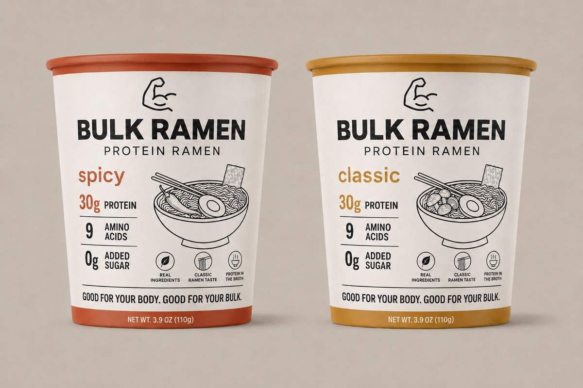 Two Bulk Ramen cups side by side, spicy and classic